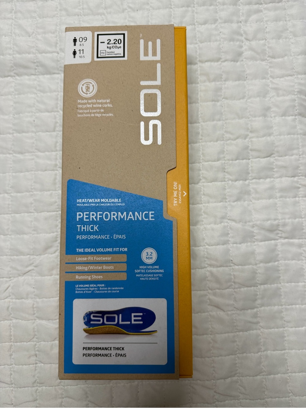 SOLE Performance Thick Heat Moldable Insoles Men’s 9 Women’s 11 NIB